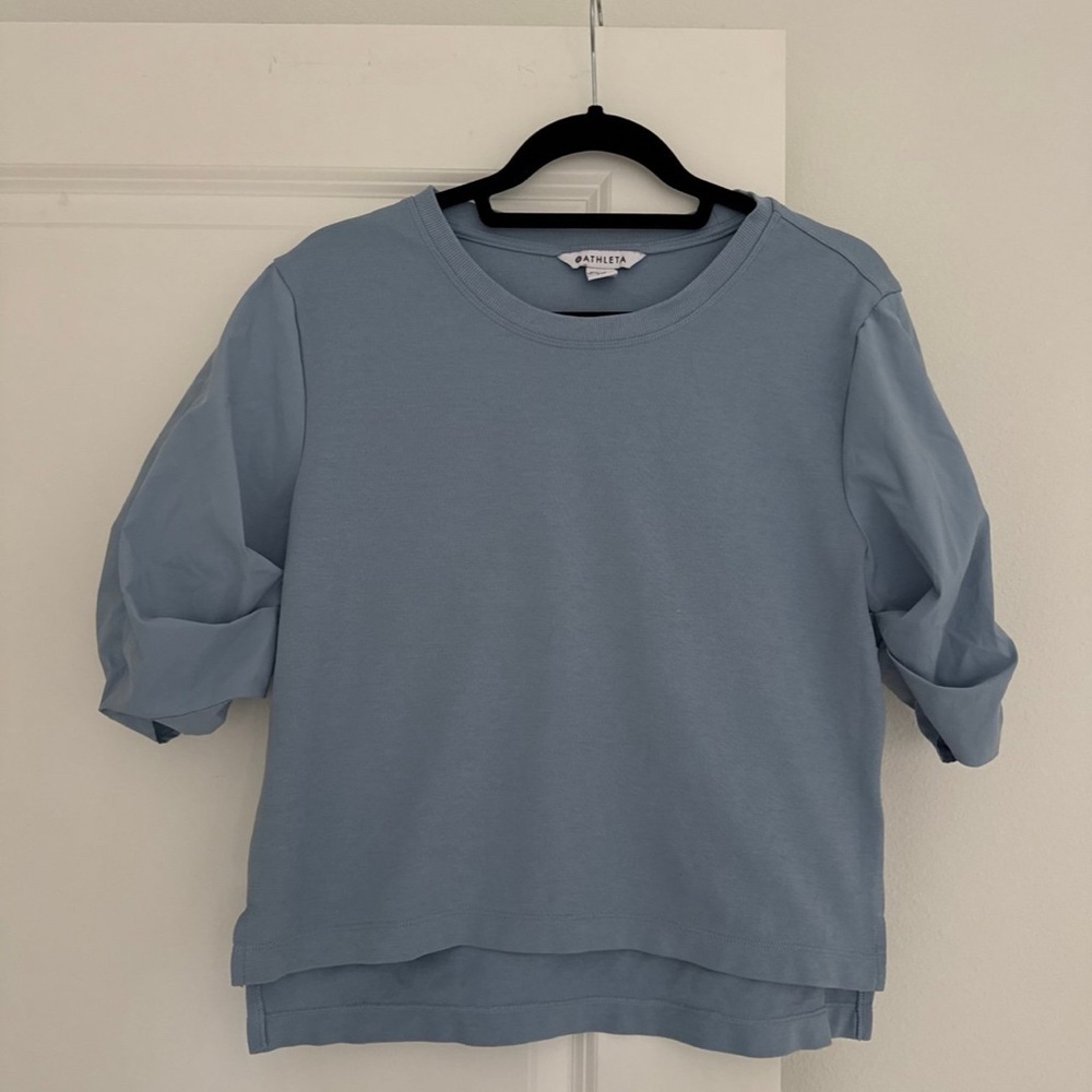 NEW Athleta women’s Harlow Hybrid Heron Blue color puff sleeve shirt top XXS XS - Picture 7 of 9